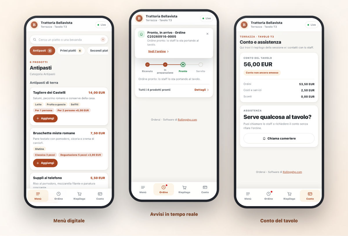 Menu digitale Orderui sul telefono del cliente con categorie, piatti e prezzi