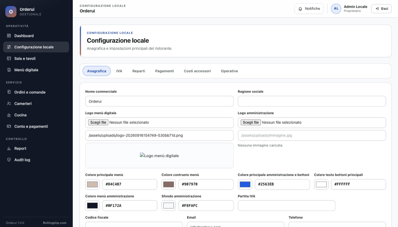 Configurazione locale in Orderui: IVA, reparti, metodi di pagamento e impostazioni operative
