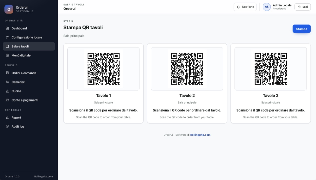 Gestione QR dei tavoli in Orderui con stampa dei codici per ogni tavolo