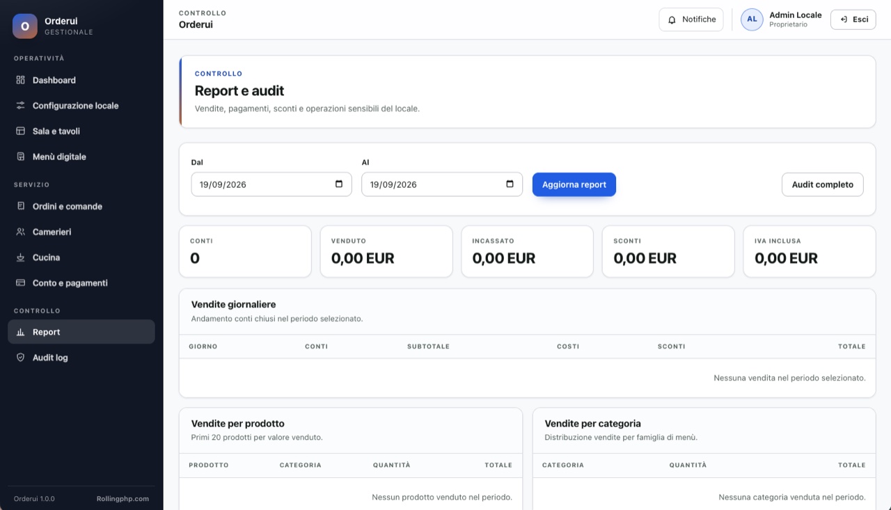 Report vendite e incassi in Orderui con totali per periodo, categoria e metodo di pagamento